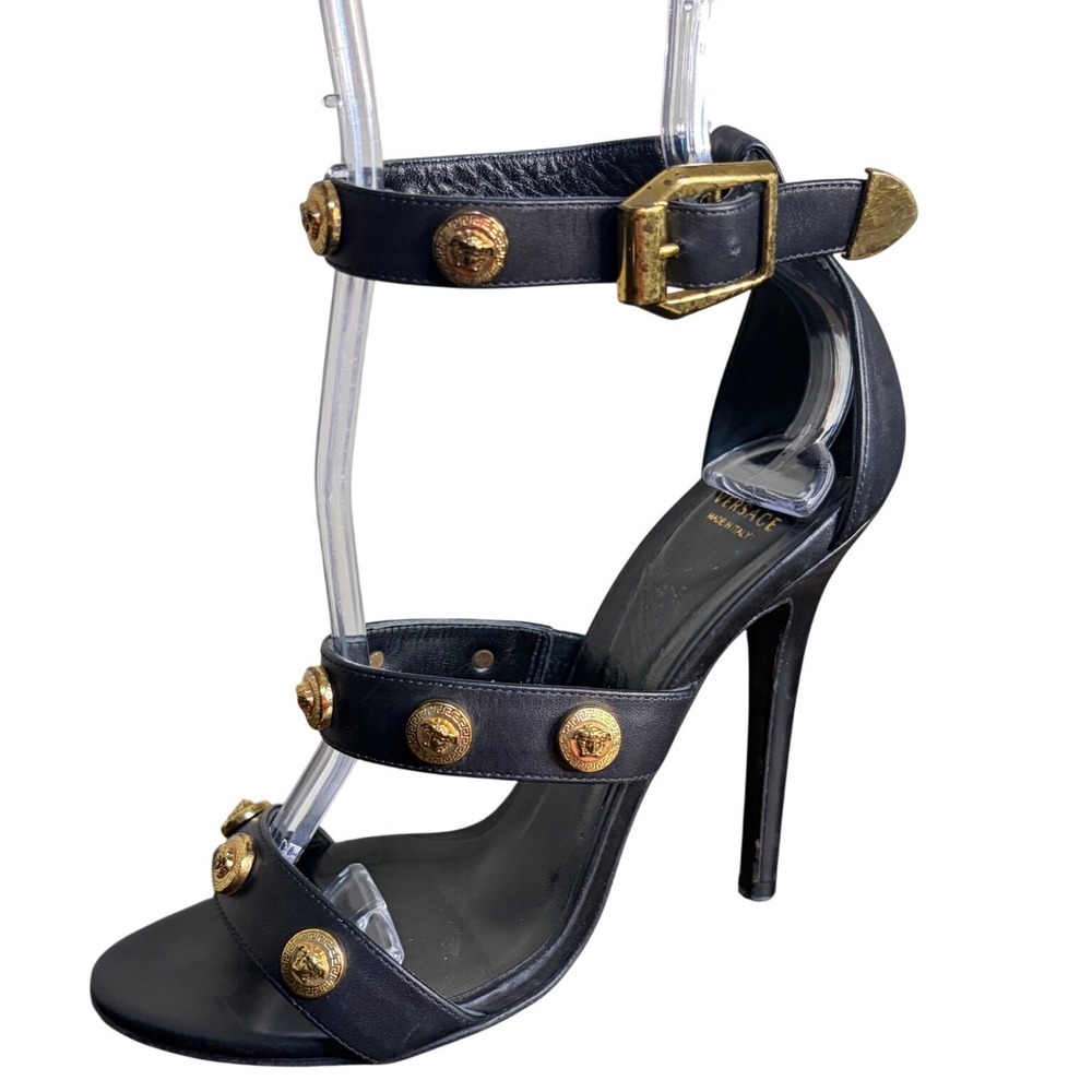 Versace Black Leather Medusa Stud Stiletto Sandals Gold Buckle Women's Size 36
